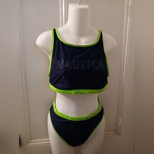 Vintage Nautica Navy Blue and Bright Green Bikini 1990s SZ 10